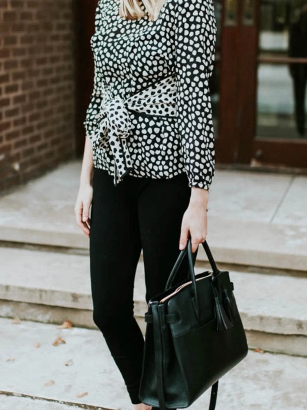 J.Crew Silk Black and White Polka Dot Tie-Waist Blouse